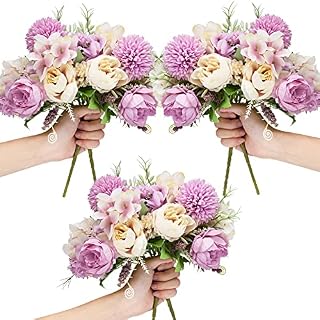 LAWOHO Artificial Flowers, 6 Packs Fake Peony Silk Hydrangea Bouquet Decor Plastic Carnations Daisy Realistic Flower Home Office Party Decor Arrangements Wedding Decoration Table Centerpieces Purple