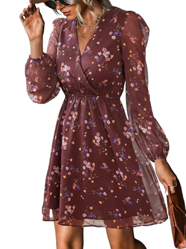 CUPSHE Damen Kleid V Ausschnitt Wickeloptik Transparente Lange Ärmel Freizeitkleider Wrap Mini Dress Burgunderrot Ditsy L