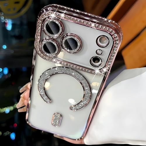 Image of for iPhone 17 Pro Max Magnetic Glitter Case,Luxury Bling Rhinestone Diamond Plated Bumper Case Sparkle Camera Lens Protection Clear Cover for iPhone 17 Pro Max (Pink)