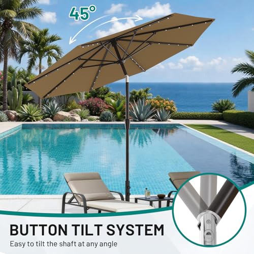Image of AreShark 9FT Patio Umbrella with Solar Lights, 32 Lighted Pool Umbrella w /Tilt and Crank, Outdoor Market Solar Umbrellas for Garden, Deck, Backyard, Pool and Beach, Khaki