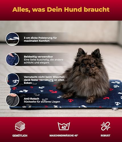HS-Hundebett® Hundedecke XS (45x65 cm) – rutschfest & gemütlich Dank 3 cm Füllung – Perfekt fürs Sofa, Auto & Hundebox – Anker Blau, Made in DE