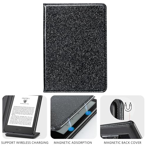 Image of CoBak Case for 6 inch E-Reader - PU Leather Smart Cover with Auto Sleep /Wake & Hand Strap, not Compatible with Kobo Clara,Black Glitter