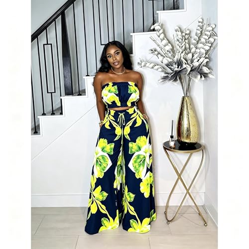 Image of Two Piece Sets for Women Summer Outfits Crop Tops and Wide Leg Pants Sets Sexy Jumpsuits Vacation Outfits with Pockets