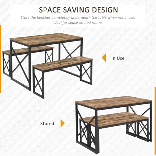 Image of VECELO 43.3 inch Kitchen Dining Table Set for 4, Heavy-Duty Steel Frame & Wood-Grain Tabletop, Space-Saving Dinette Sets with 2 Benches for Breakfast Nook and Small Space, Brown