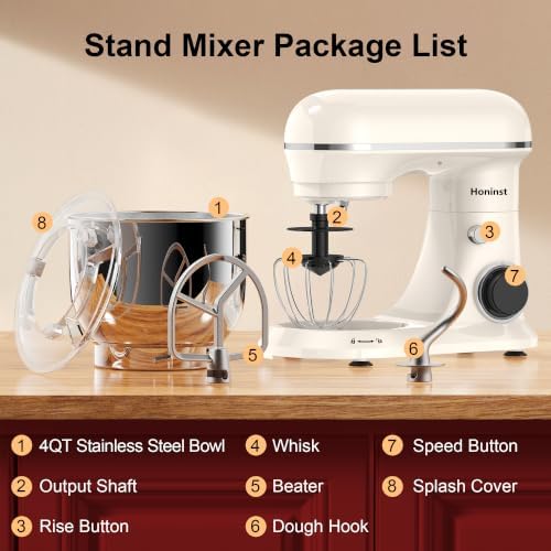 Honinst 4QT Electric Stand Mixer, 10-Speed Tilt-Head Compact Kitchen Mixer - 1