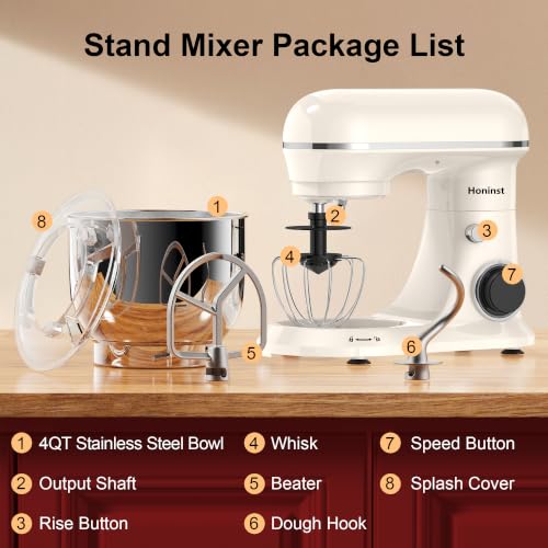 Image of Honinst 4QT Electric Stand Mixer, 10-Speed Tilt-Head Compact Kitchen Mixer | Multiple Stylish Colors | Food mixer with Dough Hook & Beater & Whisk | for Cake & Bread | Dishwasher-Safe | Beige