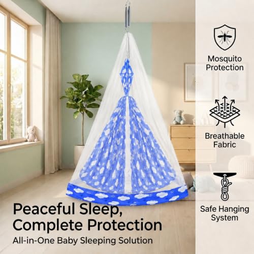 Image of VParents Sleeping Essentials Set with Mosquito Net & Spring (Blue) | Window Hanger not Included, Sunny
