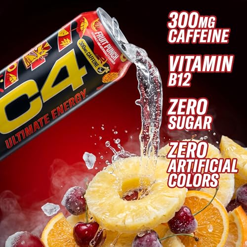 Image of C4 Ultimate Zero Sugar Energy Drink, Tri-Stim Experience with 300mg Caffeine + TeaCrine + Dynamine, Fruit Punch, 16oz (Pack of 12)
