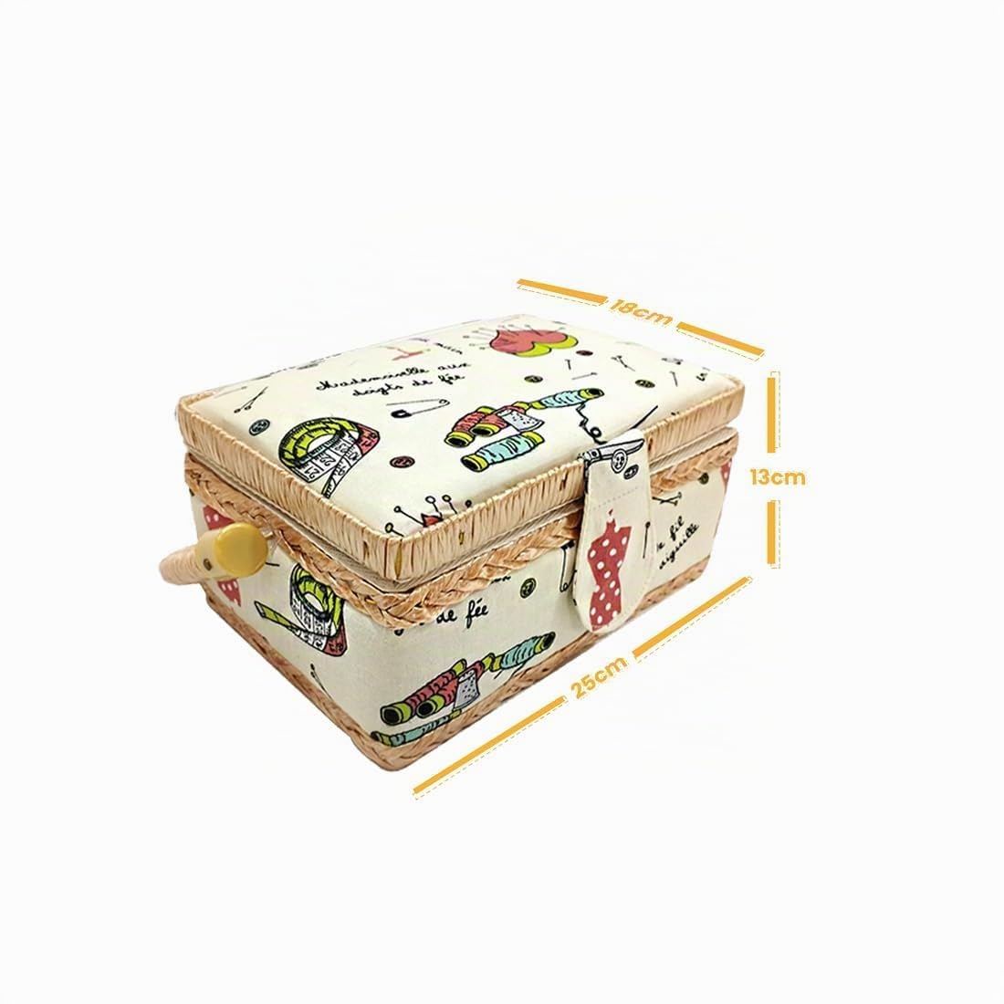 JYC CREATIVE Costurero Mediano de Madera con Accesorios, Caja de Costura Forrada en Tela con 8 Compartimentos, Organizador con Alfiletero, Caja con Asa, Bandeja para Accesorios, (Mediano, Máquina)