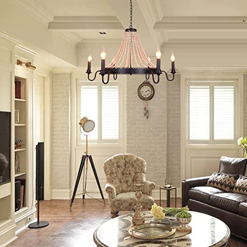 Unitary Brand Black Metal And Wood Beads Farmhouse Candle Chandelier For Dining Room With 6 E12 Bulb Sockets, Industrial Hanging Lights, Kitchen Island Pendant Light Fixture #TOP2