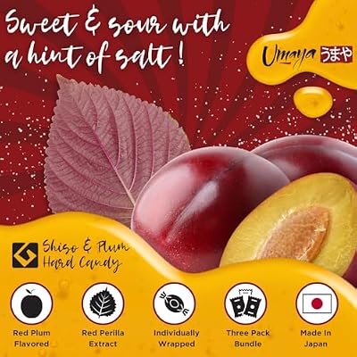UMAYA - Ogontoh Akashiso Ume Candy (1.6oz Per Pack) - Refreshing Japanese Red Perilla (Shiso) & Red Plum Candies - No Artificial Colorings or Additives - Individually Wrapped - Made in Japan - 3 Packs