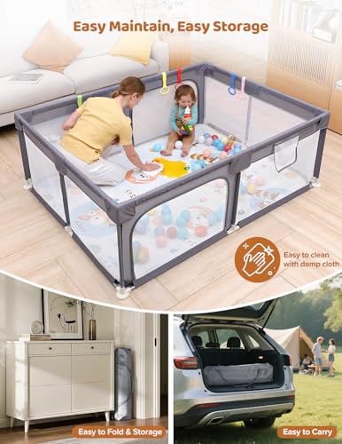 Image of Dripex Baby Playpen with Mat, 71 inchx47 inch Large Play Pen for Babies, Light Grey | Included Waterproof Mat /Portable Bag / Pull up Rings, Breathable Visible Mesh, Easy Setup, Indoor /Outdoor Use