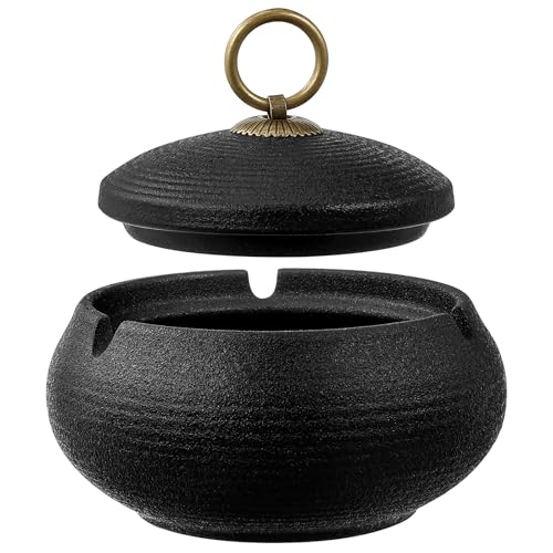 Zeawavsl Cenicero resistente para Exteriores, Cenicero de viento de cerámica negra con Tapa,...