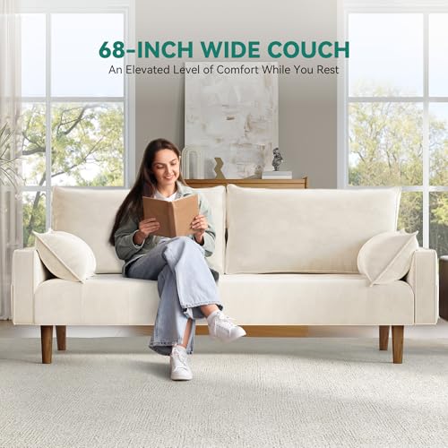 DWVO 68" Loveseat Sofa, Velvet Fabric Sofa Couch for Small Space, Modern Loveseat with Button Tufted Seat and Side Storage Pockect, 3 Seater Couch for Living Room Bedroom, 2 Pillows Included, Beige