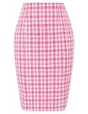 Kate Kasin Women's Tweed Pencil Skirt Stretchy Knee Length Elastic Waist Bodycon Skirts Tweed-Pink&White L