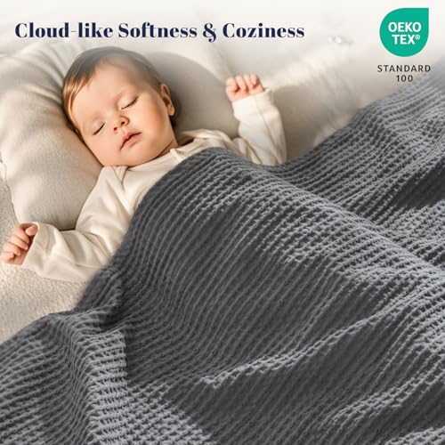 PHF 100% Cotton Waffle Weave Blanket Double Size 150 x 200cm, Pre-Washed Lightweight Breathable Throw Blanket for Summer, Oeko-TEX Certified for Bed Sofa, Home Decor, Charcoal Grey - Image 6