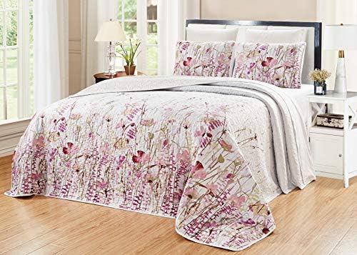 3-Piece Fine Printed Oversize Quilt Set Reversible Bedspread Coverlet (Double) Full Size Bed Cover (Purple, Sage Green, White Abstract)