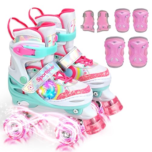 Sportneer Rollschuhe Kinder, Rollschuhe mit Seitliche Leuchtlichter und 6pcs Schutzausrüstung Rollschuhe 4 Größen Verstellbar für Mädchen, Kinder, Jugendliche, Anfänger, Drinnen und Draußen Sportneer Rollschuhe Kinder, Rollschuhe mit Seitliche Leuchtlichter und 6pcs Schutzausrüstung Rollschuhe 4 Größen Verstellbar für Mädchen, Kinder, Jugendliche, Anfänger, Drinnen und Draußen