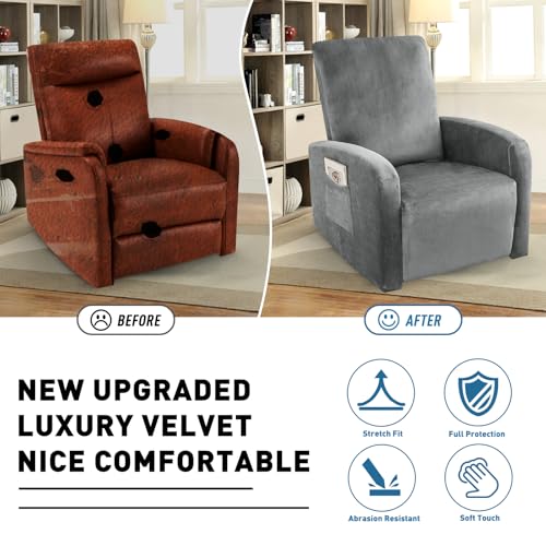 Image of ZNSAYOTX 2026 Velvet Small Recliner Cover 3-Piece, Luxury Plush Recliner Chair Covers with Elastic Band & Ties Stay in Place, Stretch Reclining Slipcover for Lazy Boy Soft Washable (Grey)