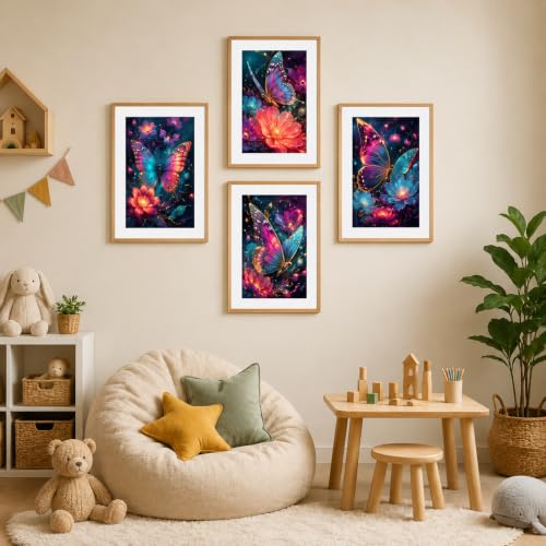 Image of Livin'luxe Set of 4 Neon Butterfly Floral Wall Paintings with Sparkle Laminate and Premium Wooden Synthetic Frame for Living Room Bedroom Office Decor (13.5 x 19.5 Inch)