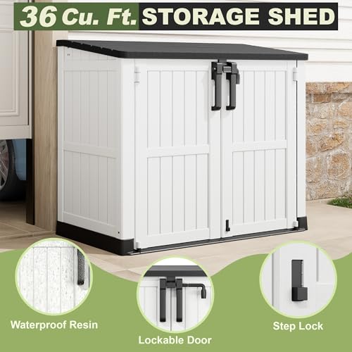 Image of Plastic Outdoor Storage Shed, 36 Cu Ft Waterproof Outdoor Storage Cabinet with Dual Lock Door for Backyard, Patio, Garage, Garden to Store Tools & Accessories, Wood-Grain（Ashen