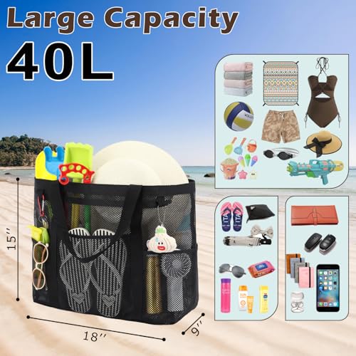 Mesh Beach Bag, Large Beach Tote with Top Zipper Closure & 8 Pockets Toys Pool Bag Family Vacation Cruise Essentials3