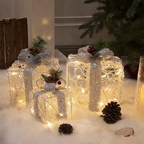 EAMBRITE Set of 3 48LT Lighted Boxes with Bows Present Boxes for Christmas Weddings Party Yard Home Holiday Art Decorations (White and Silver)