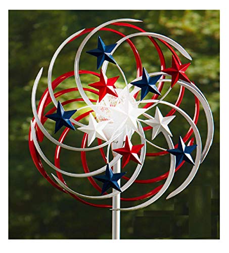 Thaisan7, Patriotic Double Spiral Solar Lighted Wind Spinner Yard Stake Lawn Garden Decor - Glass, Metal & Plastic 14" W x 6-5/8"D x 54" H