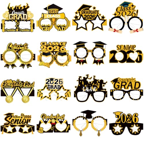 Runloon 16PCS Graduation Glasses 2026 Graduation Paper Eyeglasses Photo Booth Props for Class of 2026 Grad Party Supplies