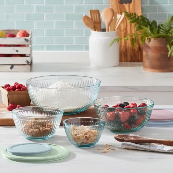 Image of Pyrex Ribbed Glass Mixing Bowl Set with Pastel Lids, 8 Piece Nesting Set