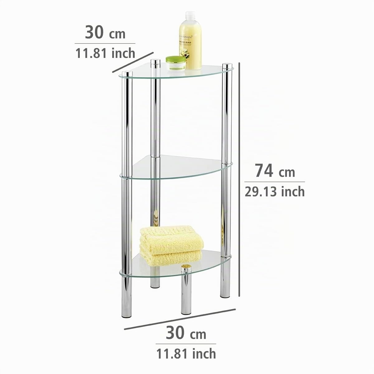 WENKO Eckregal Mod. Yago mit 3 Glasablagen, Badregal für Ecken aus Edelstahl und Glas, 30 x 74 x 30 cm, platzsparende Aufbewahrung im Bad