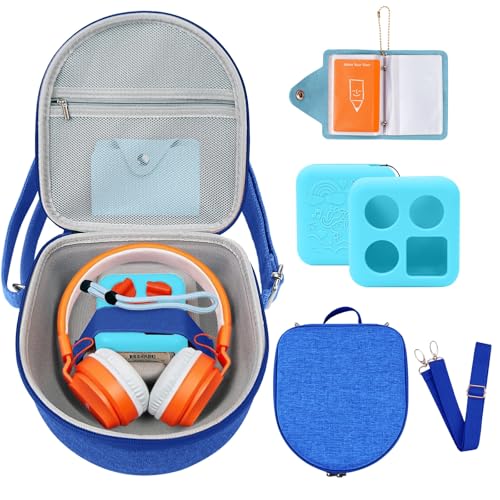 Hard Case Compatible with Yoto Mini (2024 Edition), 3-in-1 Travel Bundle: Silicone Cover + Case with Shoulder Strap (Fits Mini Player & Headphones) + Up to 10 Card Holder for YOTO Cards (Blue)