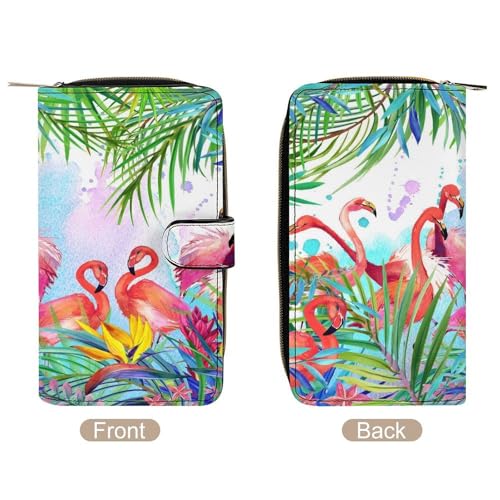 Nugier Women Soft PU Leather Wallet, Zipper Card Case Clutch Credit Bills Money Crash Coin 7.8x4.3x1.4 in Holder Purse Print Tropical Flamingos Palm Trees4