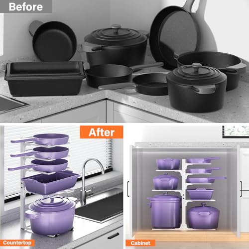 Image of MUDEELA 8-Tier Pots and Pans Organizer under Cabinet, Heavy Duty Adjustable Pot Pan Organizers inside Cabinet, Kitchen Cabinet Organizers and Storage Pot Rack for Big Stockpots, Heavy Cookware, White