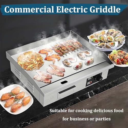 Commercial Stainless Steel Electric Griddle - 3000W Flat Top Grill with Adjustable Heat Settings, 14/22 Inch Non-Stick Teppanyaki Cooking Surface for Versatile Kitchen Use.