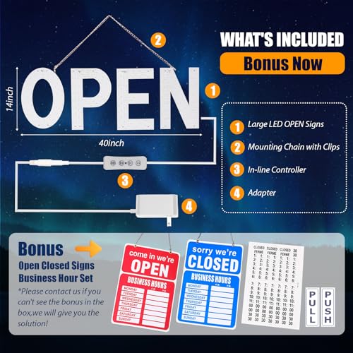 Image of LED Open Signs for Business, 40 inchL x 14 inchW Inch Large Led Open Sign with 3 Scene Modes, Ultra Bright Adjustable Open Light Up Sign Led for Storefront (US Flag)