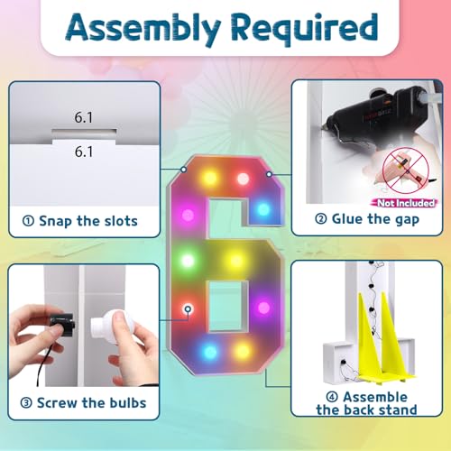 Image of Imprsv Colorful 4FT Marquee Numbers 6, 18 Colors Large Light up Numbers | RGB with Remote, Birthday Party Decorations Anniversary Wedding Decorations Assembly Required 22 Pcs Accessory Set