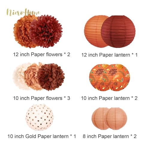 Image of Fall Wedding Decorations, 12 PCS Carmine Rust Orange Brown Tissue Pom Poms and Paper Lanterns for Rustic Classical Wedding, Retro Bridal Shower, Fall Baby Shower Party