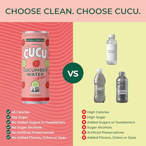 Image of CUCU Pressed Cucumber + Guava Water - Real Juice from Fresh Cucumbers and Guava with Vitamin C, Electrolytes & Antioxidants - No Sugar Added, Non-GMO - 11 fl oz Cans, 12 Pack