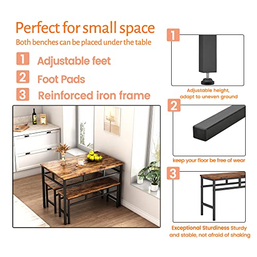 3 Pieces Dining Table Sets With 2 Benches, Modern Wood Kitchen Table And Chairs For 4-6 People, Space-Saving Kitchen Table Sets For Dining Room, Breakfast Table Rustic Brown #TOP5