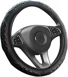 1 capa de volante de carro de couro sintético, bordado 3D, aderência confortável, sem anel interno, serve para rodas de 35 a 40 cm, preta