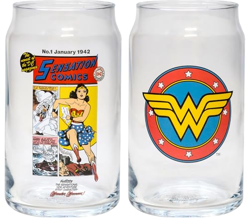 Spoontiques Wonder Woman Glass Set - 2 Unique Glasses Per Set in Colorful Decorative Gift Box - 16oz - 5 1/4
