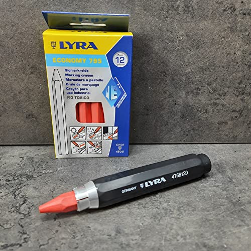 Lyra Profi Markierkreide mit Kreidehalter -12xSignierkreide für Holz, Metall, Stein, Beton, Fliesen,1 Halter Forstkreide (Rot)