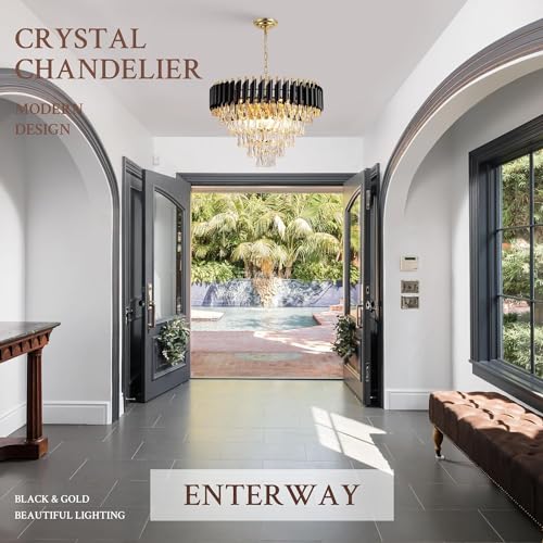 Image of Modern K9 Crystal Chandeliers Gold -Round Crystal Chandelier for Living Room Colors.Warm White, Moon Light,Golden,Led Plate Included (Black Gold, 600MM)