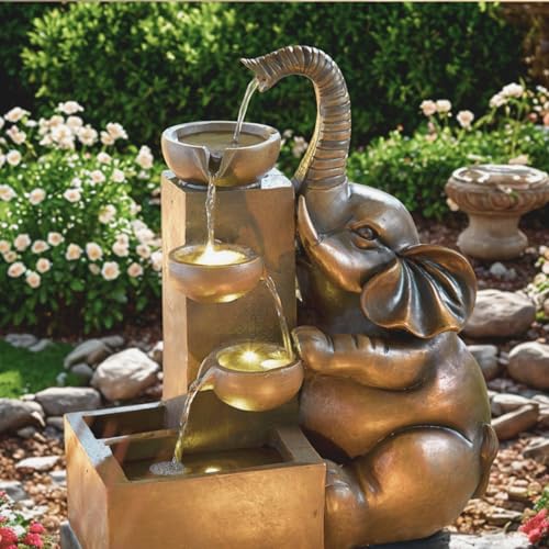 3 PAGEN® Solar-Brunnen Elefant für draußen – Wasserfall, stimmungsvoll beleuchtet – einfache Anwendung – wetterfest und robust – solarbetrieben ideal für Garten und Balkon
