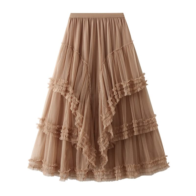 Women's Beige Long Tulle Skirt Mesh Large Hem A-Line Skirt Lengthened Pink Red Party Skirt4