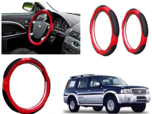 Image of Microfiber Car Steering Wheel Cover, Soft Padding Great Hand Feel, Anti-Slip, Faux Leather Steering Cover for Ford Endeavour | Black Red Jali - Pack of 1