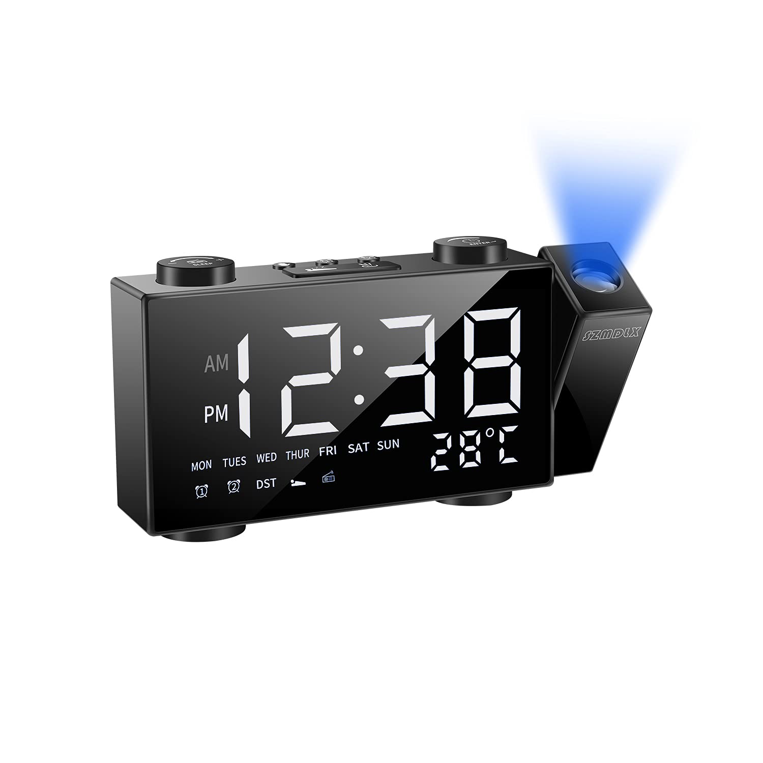 SZMDLX Projection Alarm Clock for Bedrooms, FM Radio Alarm Clock with Temperature Display, 6" Large LED Display Dimmer, Dual Alarms Snooze Sleep Timer, Battery Backup for Heavy Sleepers