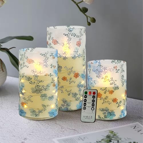 Image of Flickering Flameless Candles Vintage Blue Floral Print, Embedded Star String Lights, Battery Operated Acrylic LED Pillar Candles with 11-Key Remote and Timer for Home Decoration, 3 Pack