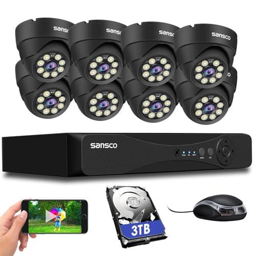SANSCO 8 Channel 5MP CCTV Camera System + 3TB Hard Drive, (8) 3K In/Outdoor Dome Cameras (Wall/Ceiling Mounted IP66 Vandalproof, Mobile Viewing with Motion Activated Push Alert/Email, 24/7 Recording)